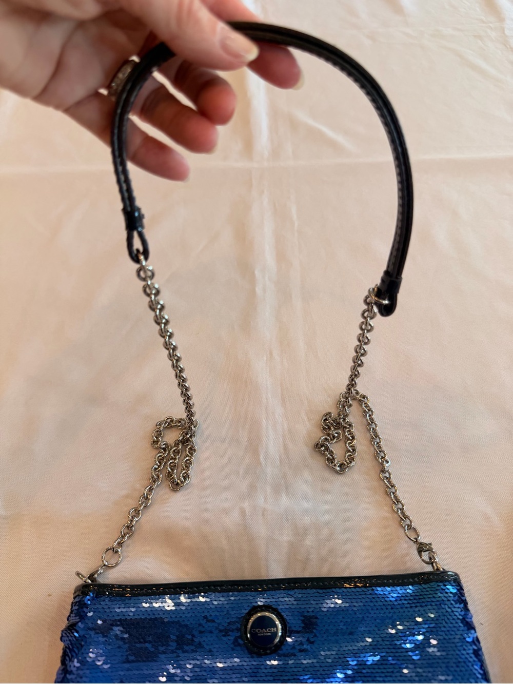 Coach Poppy Blue Sequin Crossbody Clutch with Leather Silver Chain Strap - Picture 4 of 5